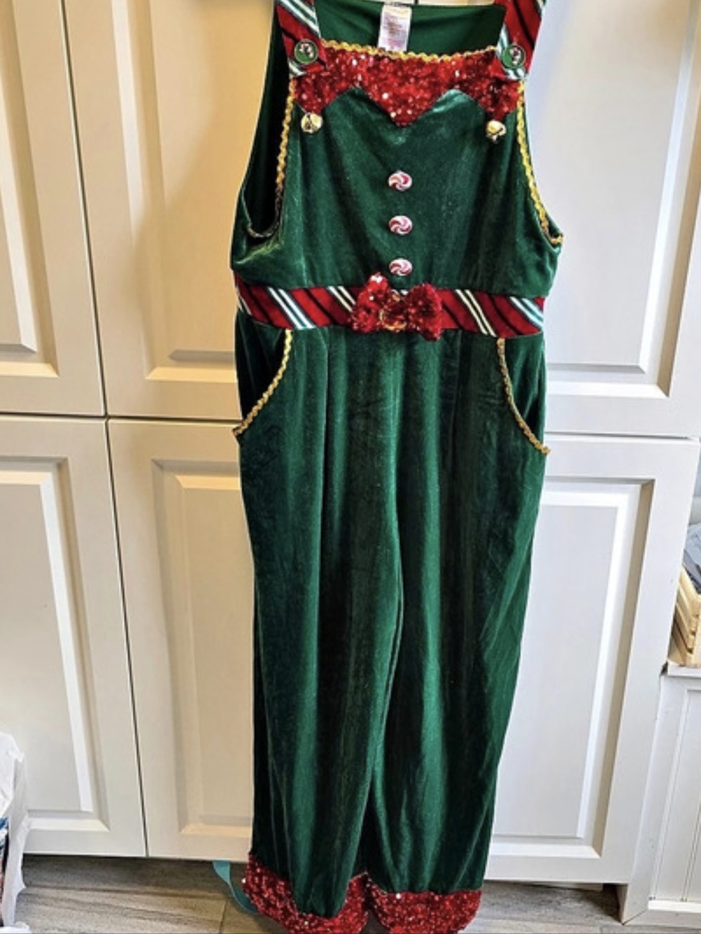 Womens Green Velvet Jingle Elf Christmas Holiday Overalls Jumpsuit Large Costume
